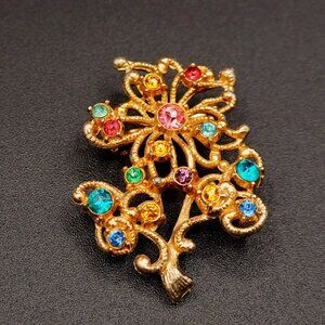 1970-80s Vintage Floral Brooch Multi Color Faceted Glass Rhinestones